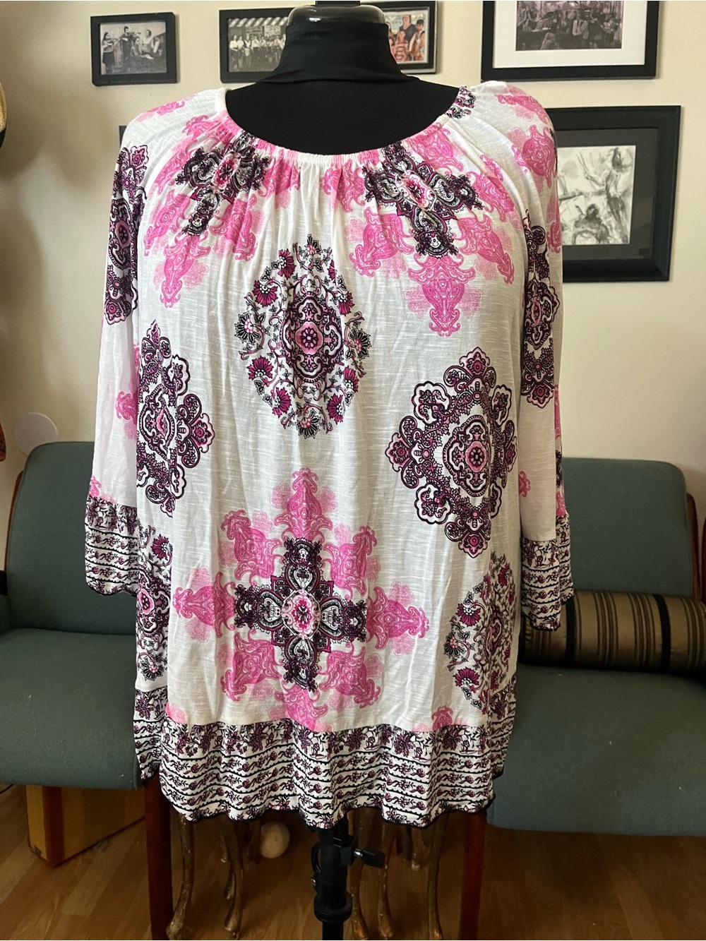 INC International Concepts White Tunic with Pink & Purple Medallion Print